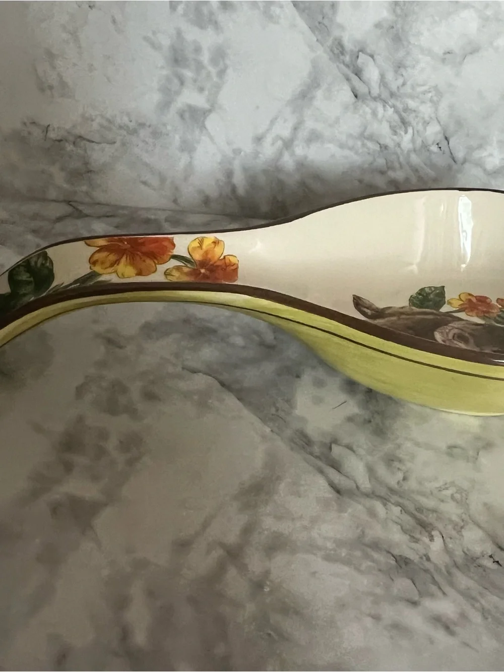 Vintage Ceramic Spoon Rest with Brown Bunny and Yellow Floral Accents